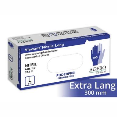 Einweghandschuhe Nitril, LG  puderfrei, blau 30 cm lang, "Viawant Nitrile Long", 100 Stück/Box | Größe XS puderfreie Untersuchungs- und Schutzhandschuhe nicht steril, DIN EN 455 (1,2,3,4), DIN EN 374 (1,2,4,5) + A1:2018, DIN EN 16523-1:2015, DIN EN 420:2003 + A1:2019, DIN EN 1186, ASTM F1671-97b, CE-Zeichen