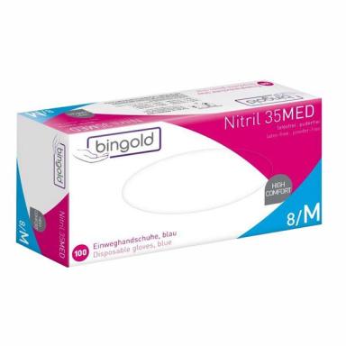 Einweghandschuhe Nitril, puderfrei, violettblau, "Bingold Nitril 35Med", 100 Stück/Box | Größe LAQL 1,5, EN 455, EN 374, PSA (EU) 2016/425, PSA-Kategorie I, EN ISO 21420, Medizin Produkt Klasse I>>Abverkauf