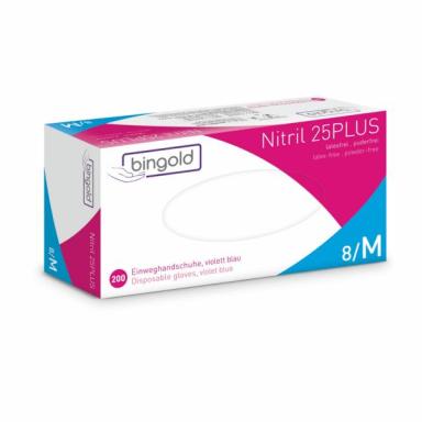 Einweghandschuhe Nitril puderfrei, violettblau, "BINGOLD Nitril 25 PLUS", 200 Stück/Box | Größe M <br>AQL 1,5, unsteril