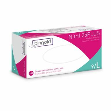 Einweghandschuhe Nitril puderfrei, violettblau, "BINGOLD Nitril 25 PLUS", 200 Stück/Box | Größe L <br>AQL 1,5, unsteril