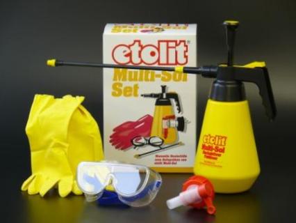 Etolit Multi-Sol-Set<br>1,5-Liter-Drucksprühpumpe mit Verlängerung + Schutzbrille + Handschuh + Auslaufhahn (DIN 51)