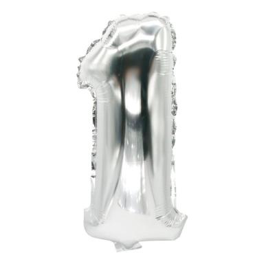 Folienlufballon, 35 x 20cm, "1", silber, mit selbstschließendem Ventil
