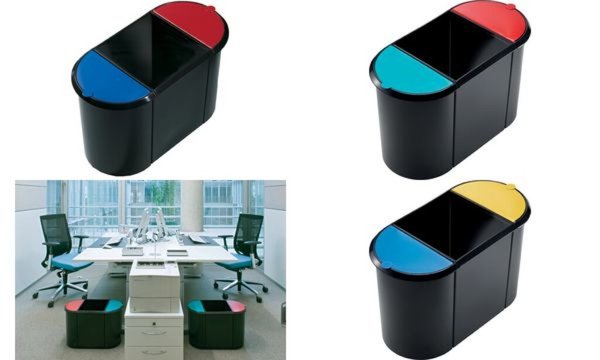 HELIT Papierkorb Trio-System, oval, PE, schwarz/gelb/blau mit umlaufendem Griff