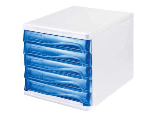 HELIT Schubladenbox, 5 Schübe, lichtgrau/blau-transparent aus Polystyrol/ABS, s