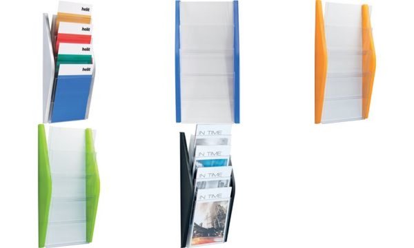 HELIT Wand-Prospekthalter, DIN A4 hoch, 4 Fächer, limette Seitenteile aus farbi