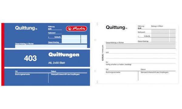 HERLITZ Formularbuch "Quittung 1021,10cm (402"), DIN A6, 2 x 40 Blatt - für den