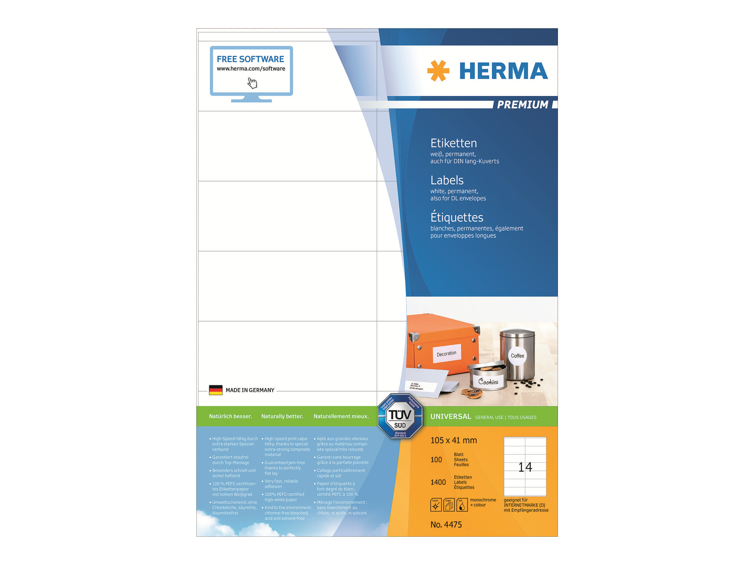 HERMA Etiketten Premium A4 weiß 105x41  mm Papier 1400 St.