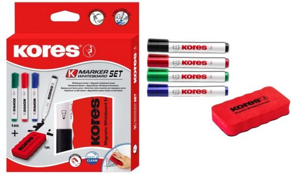 KORES Whiteboard-Marker Set, 4 Marker + Tafellöscher K MARKER: Keilspitze, Stri