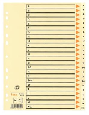 Kartonregister, A-Z, 24 Blatt, A4, chamois, Karton 210 g/m2,