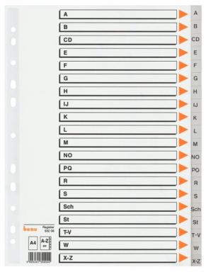 Kunststoffregister, A-Z, 21-tlg., A4, grau, Universal-Lochung,