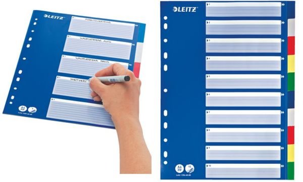 LEITZ Kunststoff-Register, blanko, A4, 10-teilig, farbig multicolor, PP, 0,12 m