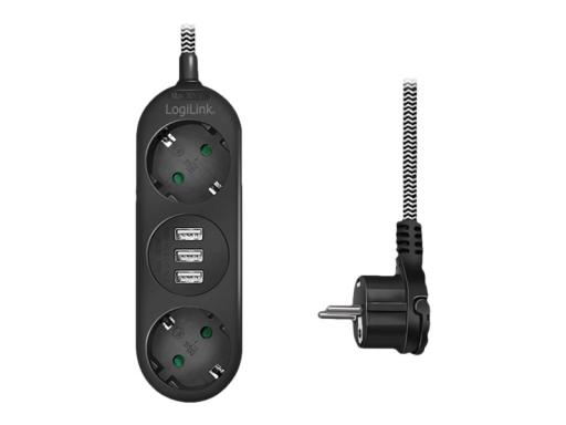 LOGILINK Steckdosenleiste 2-fach,2xCEE 7/3+3xUSB-A,Textilkab