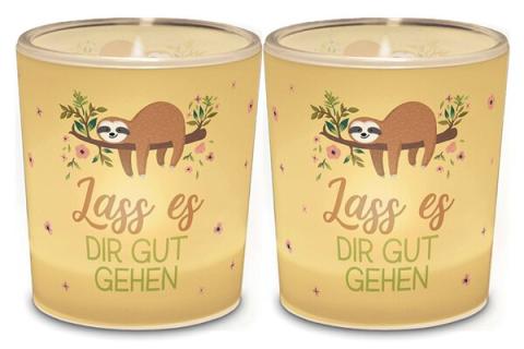 Teelicht Motiv Faultier Glas mit Papierbanderole