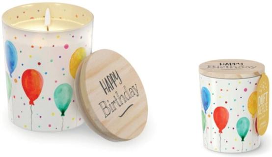 Duftkerze im Glas m. Motiv Happy B.Day Deckel aus Birkenholz, 140 g
