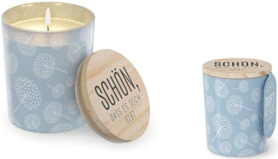 Duftkerze im Glas mit Motiv Pusteblume Deckel aus Birkenholz, 140 g