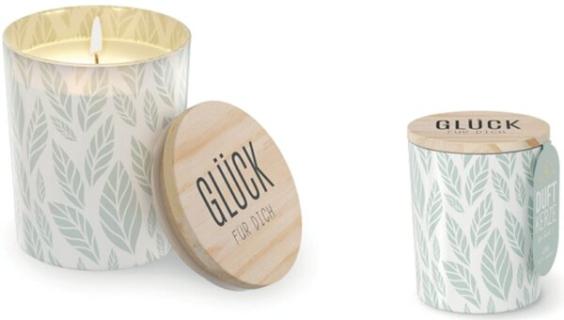 Duftkerze im Glas mit Motiv Blatt Deckel aus Birkenholz, 140 g