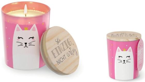 Duftkerze im Glas mit Motiv Katze Deckel aus Birkenholz, 140 g
