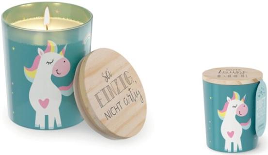 Duftkerze im Glas mit Motiv Einhorn Deckel aus Birkenholz, 140 g