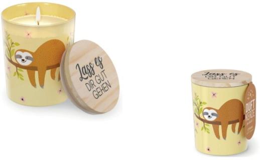 Duftkerze im Glas mit Motiv Faultier Deckel aus Birkenholz, 140 g
