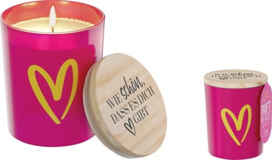 Duftkerze im Glas Motiv Herz Deckel aus Birkenholz, 140 g