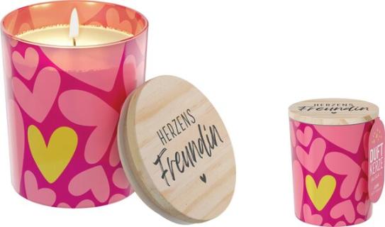 Duftkerze im Glas Motiv Herzen Deckel aus Birkenholz, 140 g