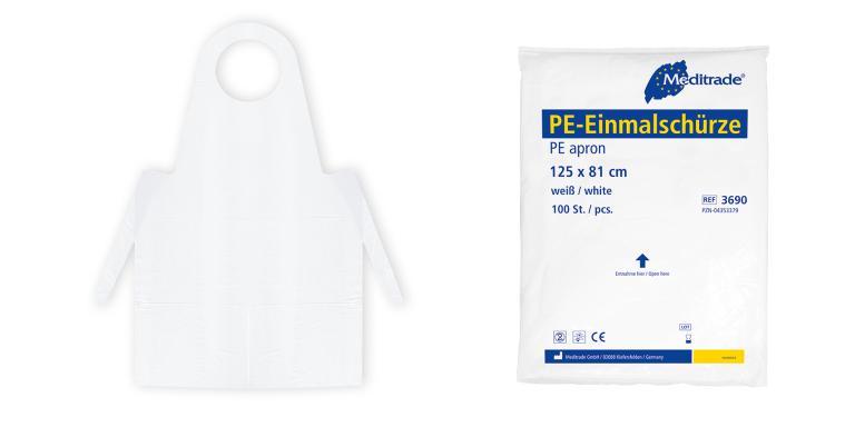 Meditrade® PE-Einwegschürzen, LDPE 16 µm, weiß, 81 x140 cm | 100 Stück <br>im Beutel zur Einzelentnahme, PZN-04353422