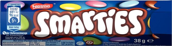 Smarties Faltschachtel 38 g, Schoko- linsen mit bunterm Zuckerüberzug