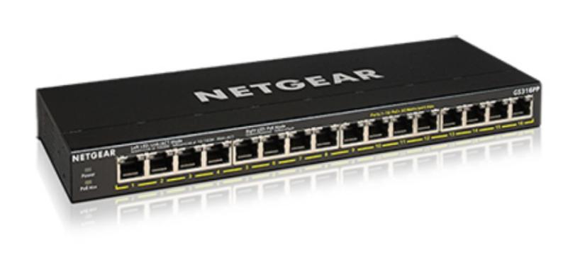 NETGEAR GS316PP unmngd 16port Gigabit Ethern high perfrmnc PoE+switch, 183W PoE