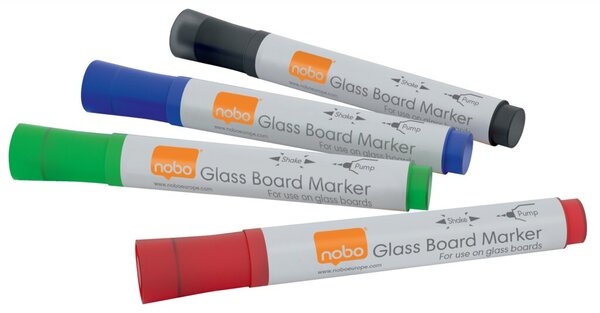 Nobo Glas-Whiteboardmarker sortiert in den Farben schwarz,rot,blau,grün