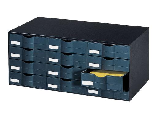 PAPERFLOW Schubladenelement, 12 Schubladen, schwarz aus Polystyrol, fertig mont