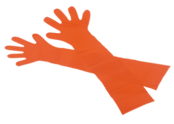 PE-Veterinärhandschuhe schulterlang, Universalgröße | 50 Stück<br>Länge ca. 90 cm, Farbe orange, nicht steril