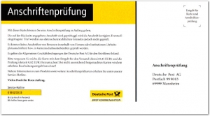 Postanschriftsanfrage/Anschriftenprüf- karte, Formular der Deutsche Post AG