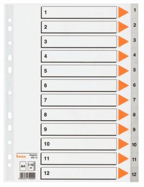 Register A4, Kunststoff, 1-12, grau, Universallochung, 120 my, PP