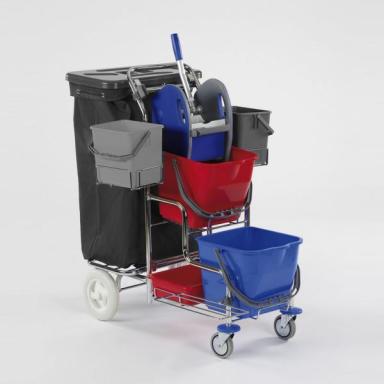 Reinigungswagen/Stufenwagen "SOLID SW 20" verchromt | 2 x 17 Liter mit 2 großen Kunststoffrädern hinten, 2 x 17-Liter-Eimer, Presse, Ablageschale, Abfalleinheit, Seiteneimer inkl. Halter