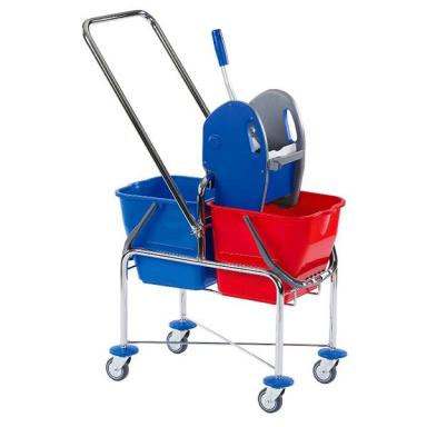 Reinigungswagen "DOFA 20 TD" Doppelfahrwagen erhöht mit Deichsel, SOLID | 17 Liter 2 x 17 Liter Eimer (rot/blau), 1 Kunststoffpresse