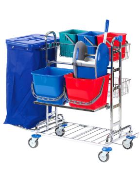 Reinigungswagen RW 2T "2 TOP SOLID", verchromt | 120 Liter verchromt, 120 Liter Abfalleinheit, 2 Utensilienkörbe mit 3 farblichen Eimern á 6 Liter, Ablage für Mop und Besen