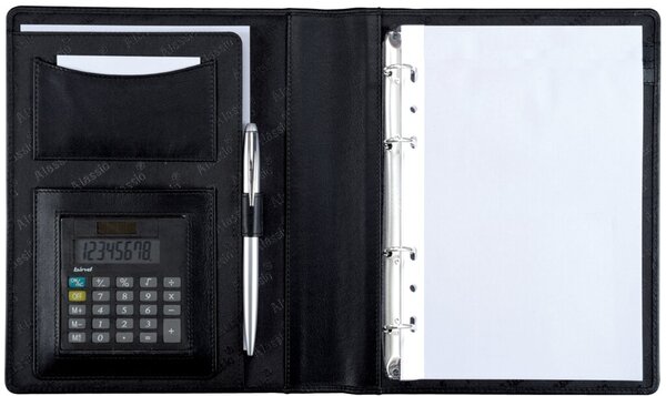 Ringbuchmappe Benaco, DIN A5, schwarz Nappaleder, Taschenrechner