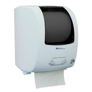 Rollenhandtuchspender  manueller Papiertransport | weiß/graumit Autocutsystem und Restrollenfunktion, für Papier-Rollenhandtücher Artikel 10050