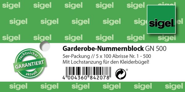 SIGEL Nummernblock "Garderobe", 1-500 (B)105 x (H)50 mm mit Lochstanzung für Kl