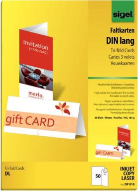 SIGEL PC-Faltkarten, DIN lang (A4), 185 g-qm, hochweiß Edelkarton, für Inkjet-L