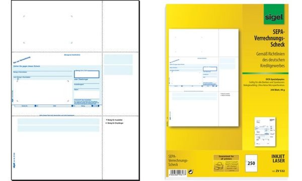 SIGEL PC-SEPA-Verrechnungs-Scheck, Gültig für alle Banken und Sparkassen., 250 