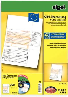 SIGEL PC-SEPA-Überweisung/ZV572 A4 OCR-Spezialpapier, MP 90 g Inh.250 BL
