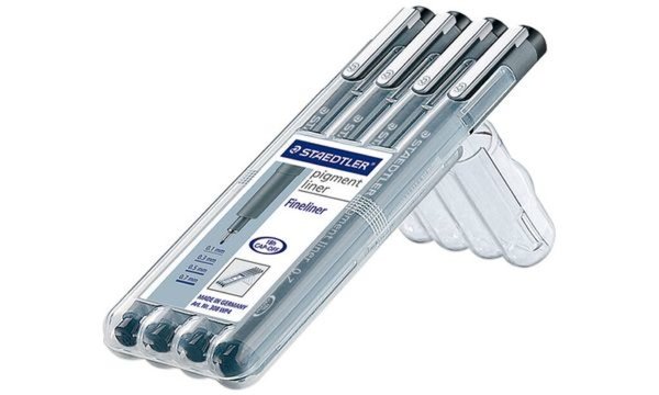 STAEDTLER Fineliner pigment liner, schwarz, 4er Etui lange Metallspitze ideal f
