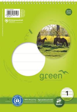 Green Spiralblock Lin1 A5 40 Blatt 70 g/qm, 5/5/5 mm, liniert, farbig