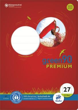 Green Schulheft Lin27, A4, 32 Blatt 90 g/qm, 9 mm, kariert, mit Rand links
