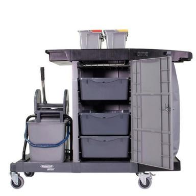 Systemwagen "Matrix-Press" | 2 x 17 Liter, 4 x 5 Liter Reinigungswagen verschließbar, komplett mit 4 x 5 Liter Eimer, 2 x 17 Liter Eimer, Mopp-Presse, seitliche Ablage, 1 x Abfalleinheit 80 Liter, 3 x Ablageeinheit und 1 x Ablagegitter