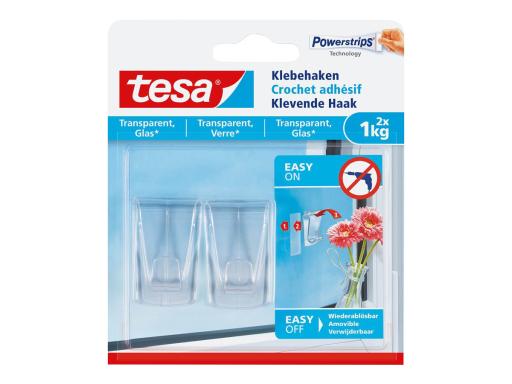 TESA Klebehaken, 2 Stück, für transparente Oberflächen und Glas, bis zu 1kg pro