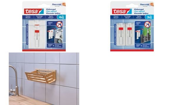 TESA Klebenagel, 2 Stück, für Fliesen und Metall, bis zu 4kg pro Nagel, verstel