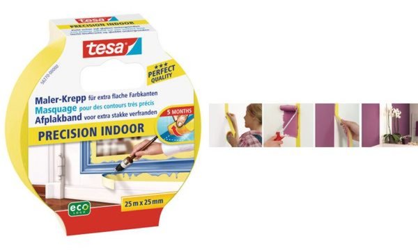 TESA Maler Krepp Precision Indoor Abdeckband, 25 mm x 25 m extra dünn und reißf
