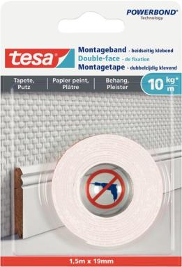TESA Montageband, 1,5m x 19mm, für Tapeten und Putz, bis zu 10kg/m, weiß